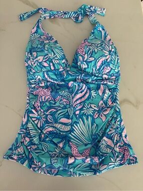 Lilly Pulitzer Turquoise & Pink Floral-Print tank Swim top size 4